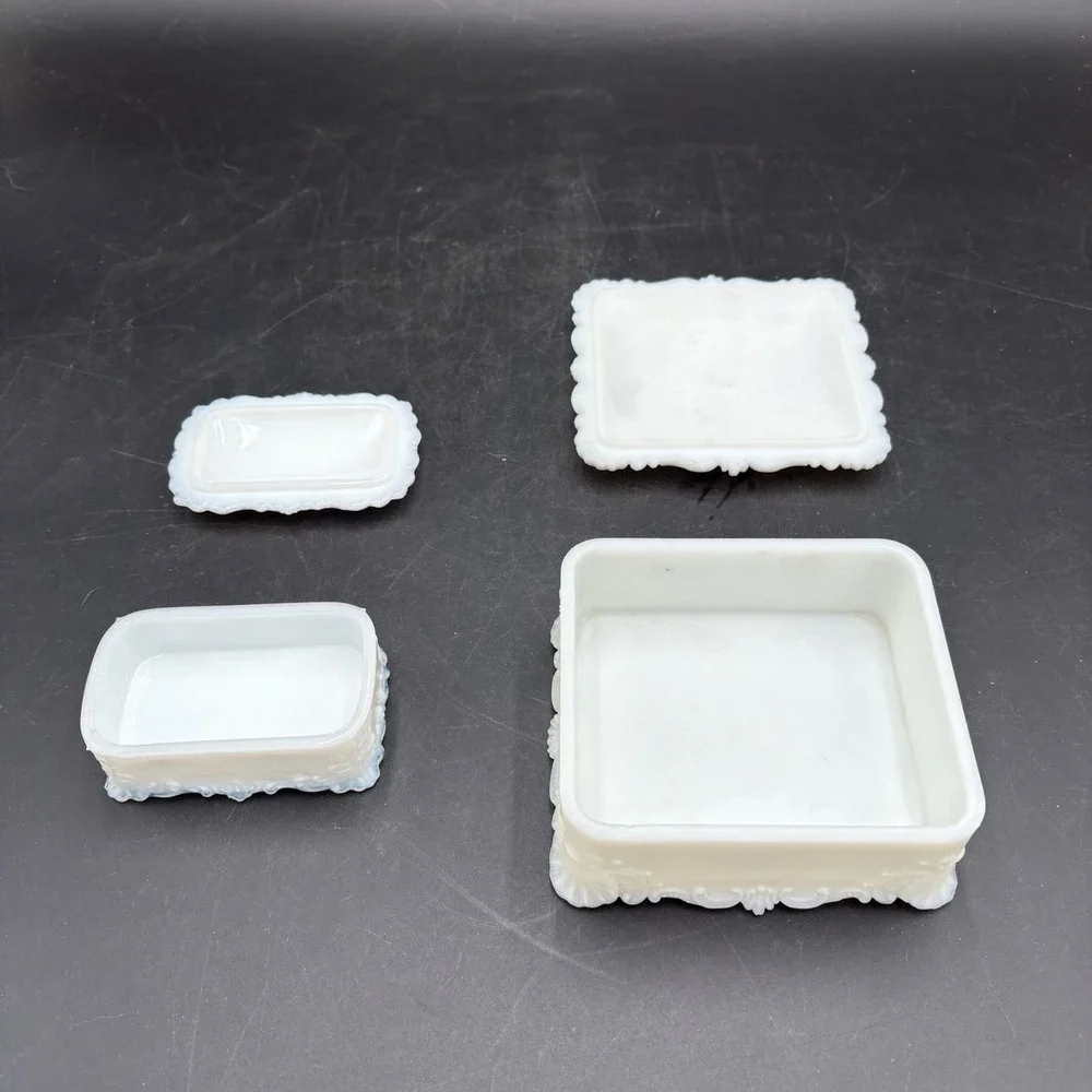 Lot Of 4 Antique Jenny Lind Fostoria Vanity Pieces Milk Glass & Dish